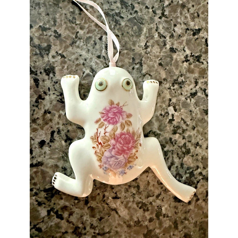 Vintage White Porcelain Floral Frog Christmas Ornament Pink Rose Trinket Figure